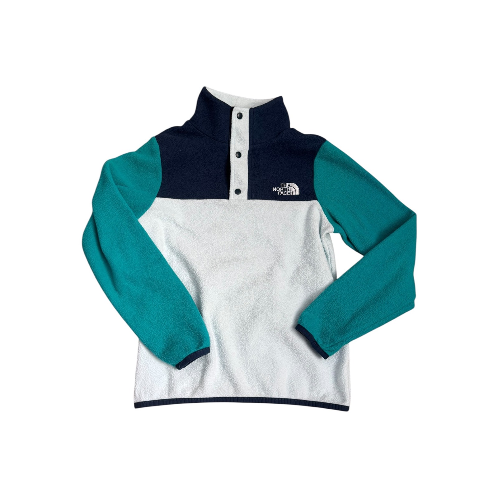 The North Face Girls Glacier Fleece Snap Pullover Colorblock Teal Navy S 7/8